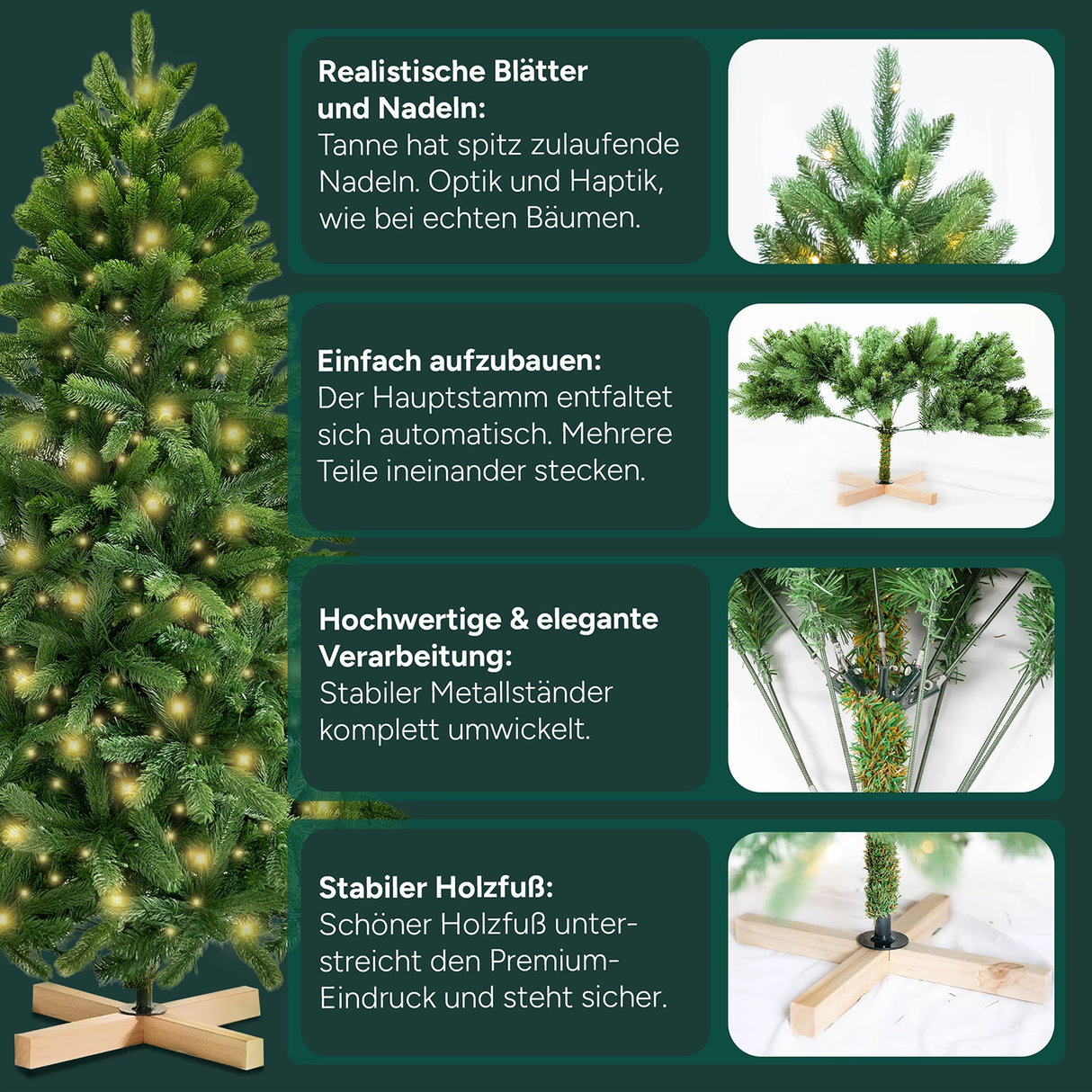Künstlicher Weihnachtsbaum Premium | mit LED Beleuchtung & Holzständer